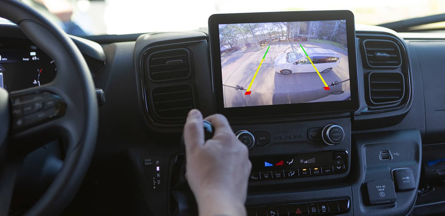 Display The Uconnect touchscreen in the 2024 Ram ProMaster displaying the output of the ParkView Back Up Camera.