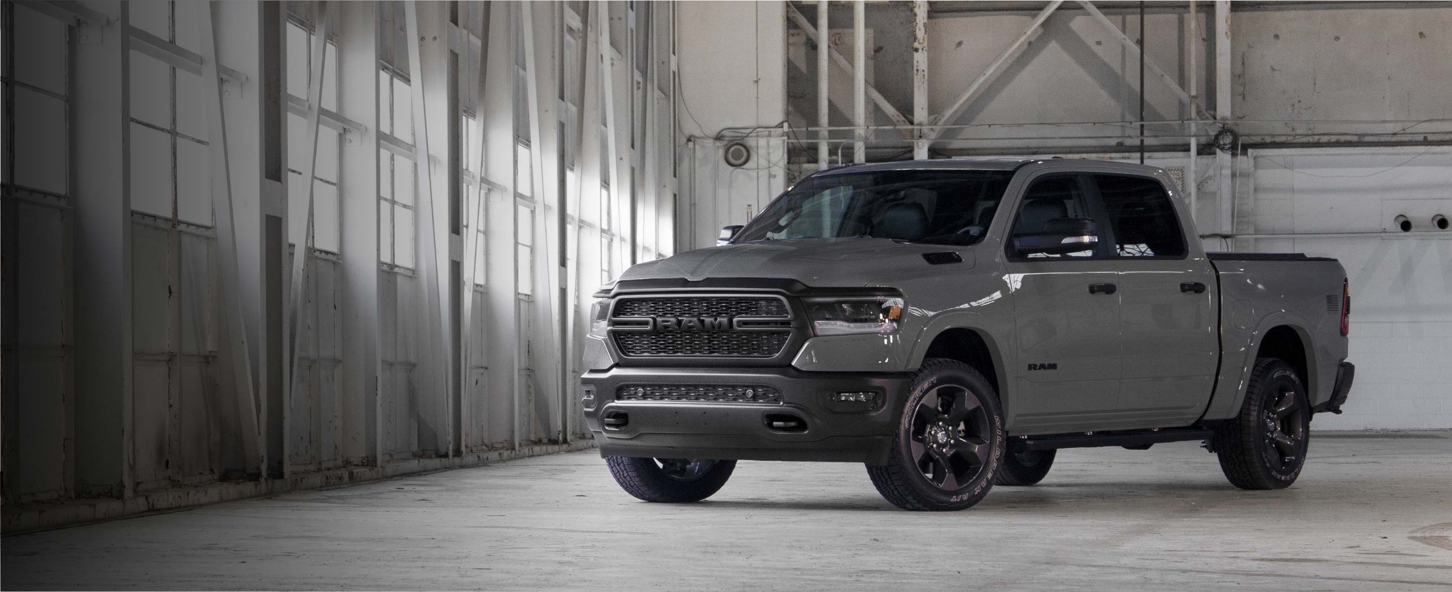 A three-quarter front view of the 2020 Ram 1500 Built to Serve Edition inspired by naval combat, in Ceramic Gray.