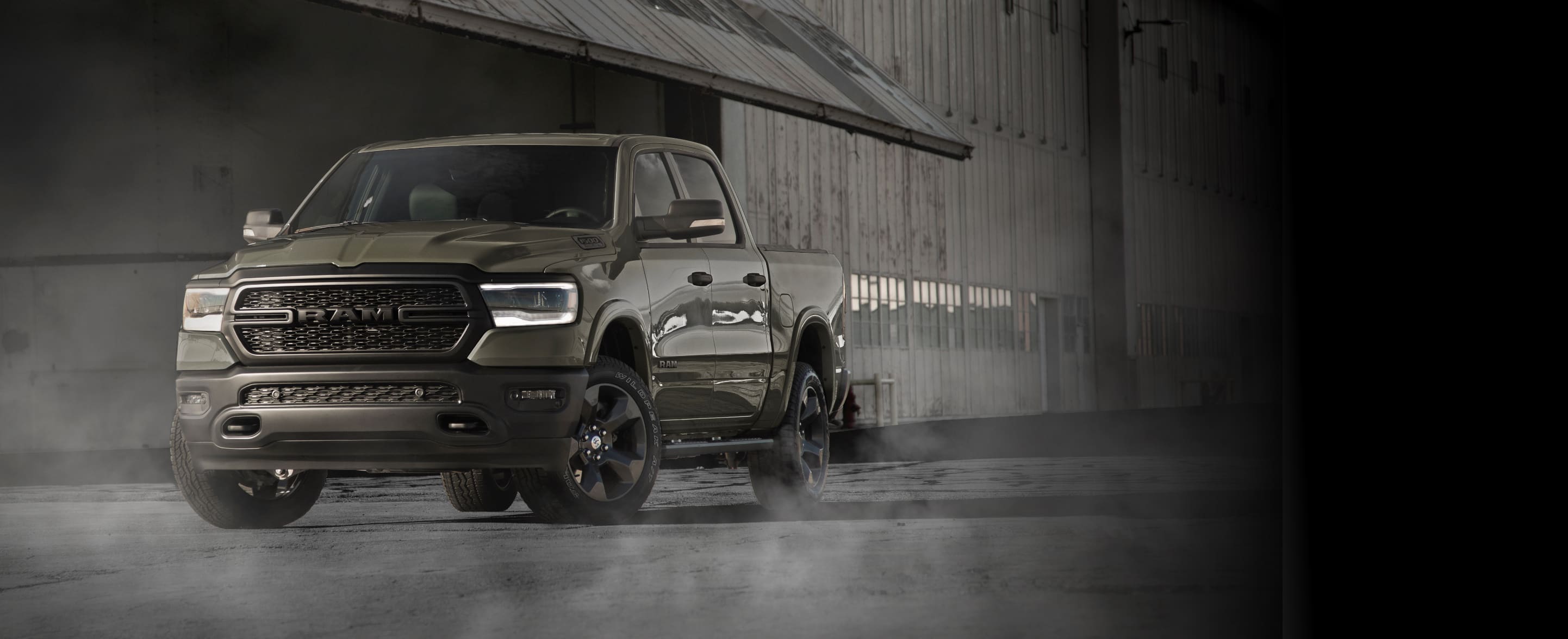 A three-quarter front view of the 2020 Ram 1500 Built to Serve Edition inspired by ground combat, in Gator Green.