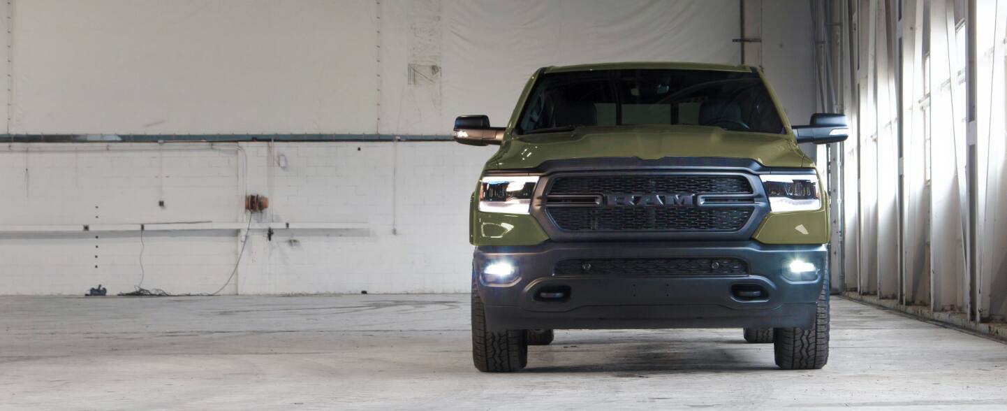 A head-on front view of the 2021 Ram 1500 Built to Serve Edition inspired by the Marine Corps.