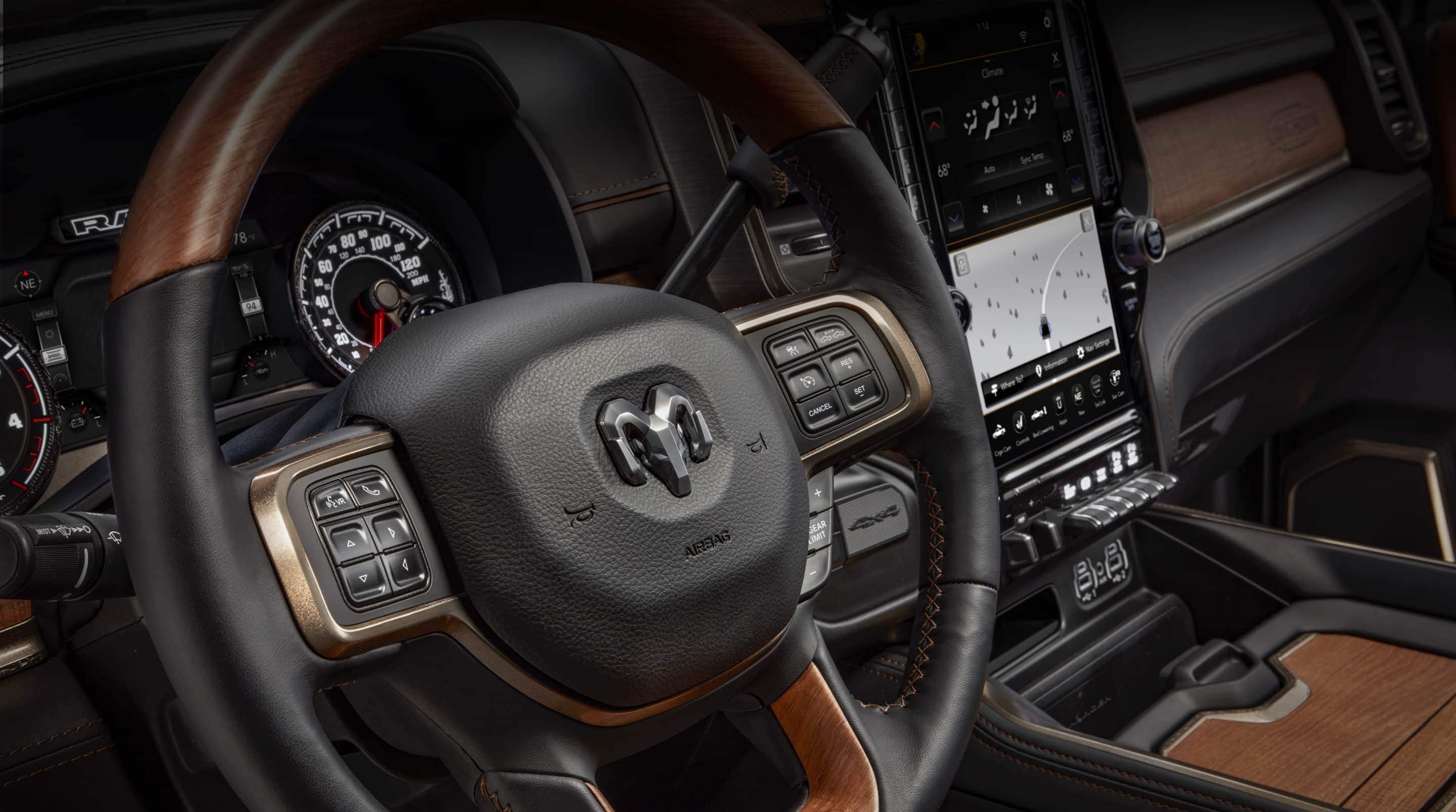 The interior of the 2020 Ram 2500 featuring the steering wheel and 2020 Ram 2500 Service Def System See Dealer