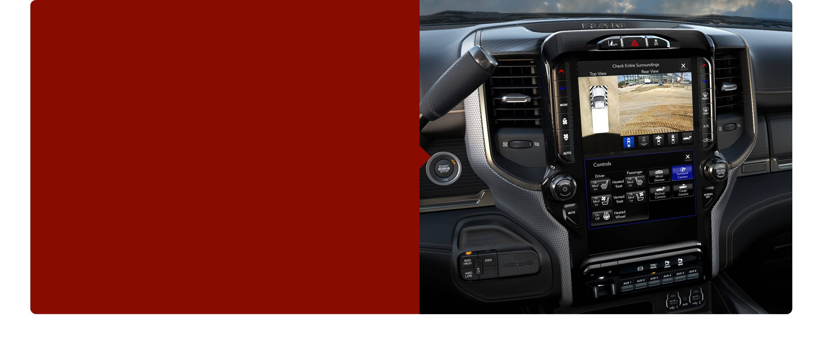 The 12-inch Uconnect touchscreen in the 2021 Ram Chassis Cab displaying the view behind the truck and the view from overhead.