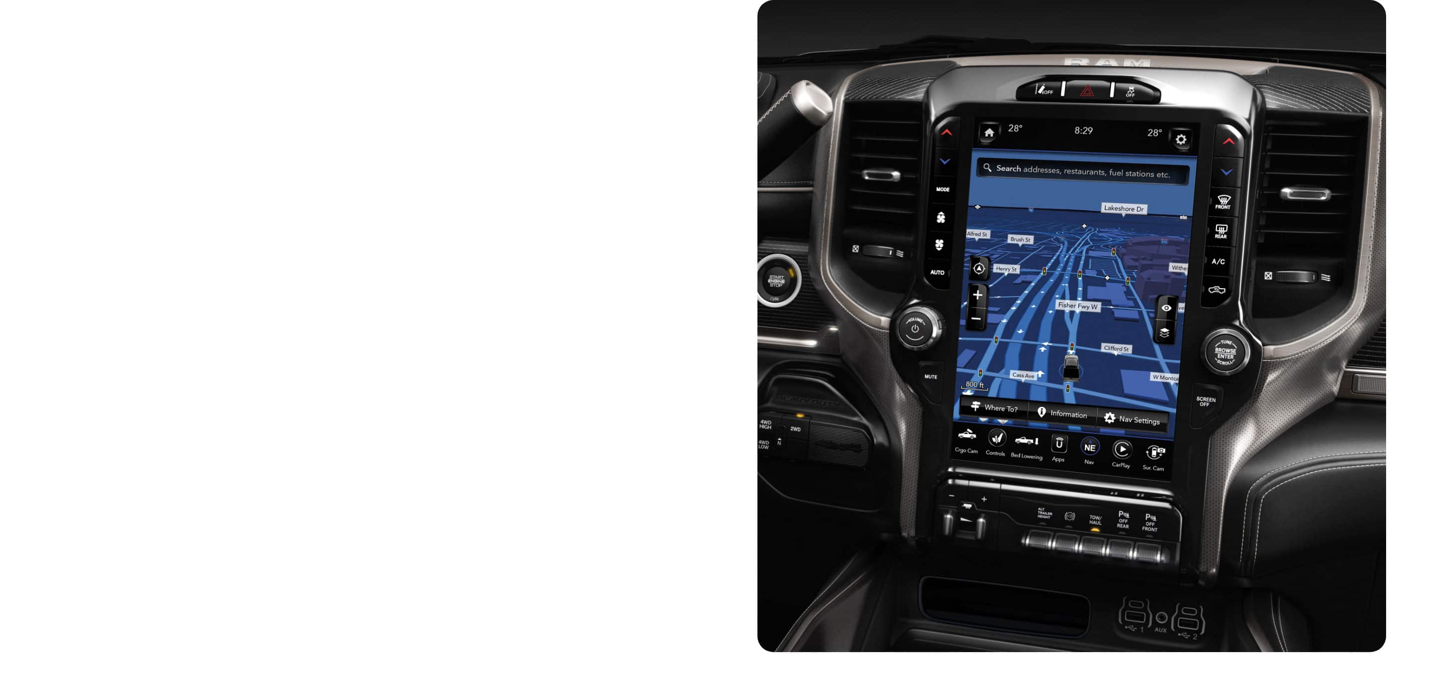 The 12-inch Uconnect touchscreen in the 2021 Ram 2500 displaying a navigation route map onscreen.
