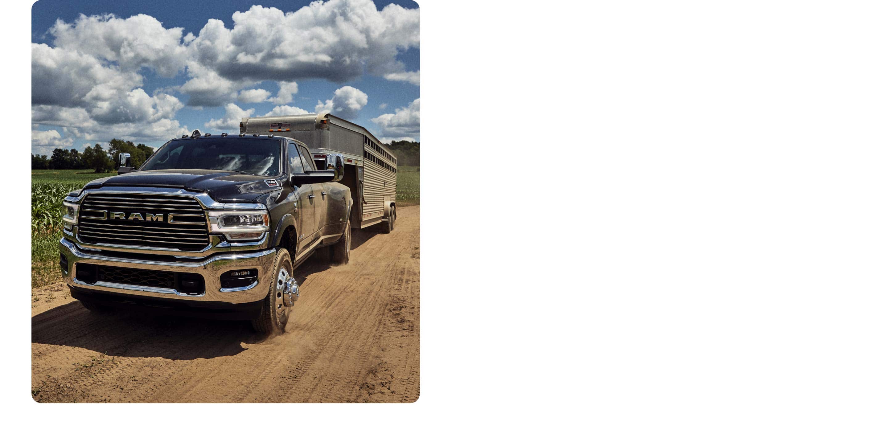 The 2021 Ram 3500 towing a horse trailer.