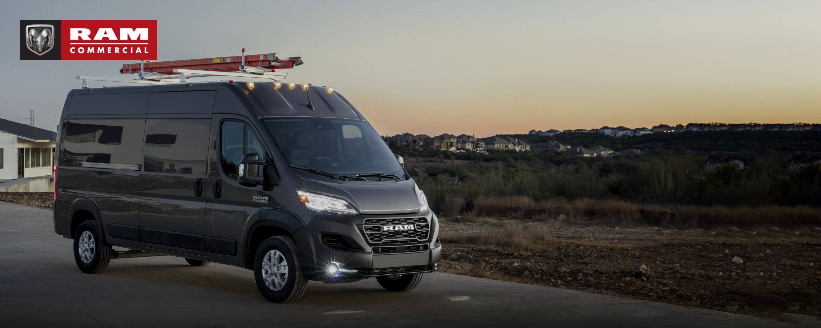 Ram Commercial. The 2023 Ram ProMaster High Roof with a ladder on its roof rack.