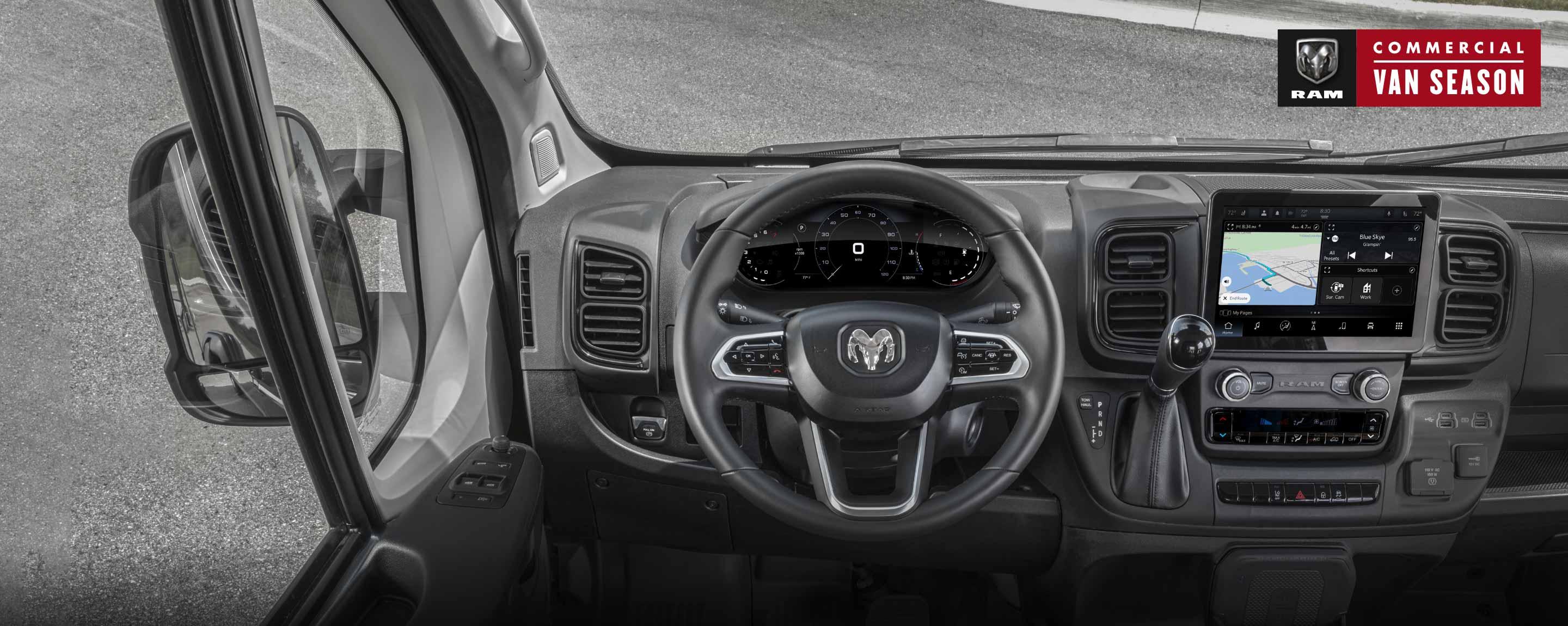 Ram Commercial Van Season. The interior of the 2022 Ram ProMaster, focusing on the steering wheel, climate controls and touchscreen.
