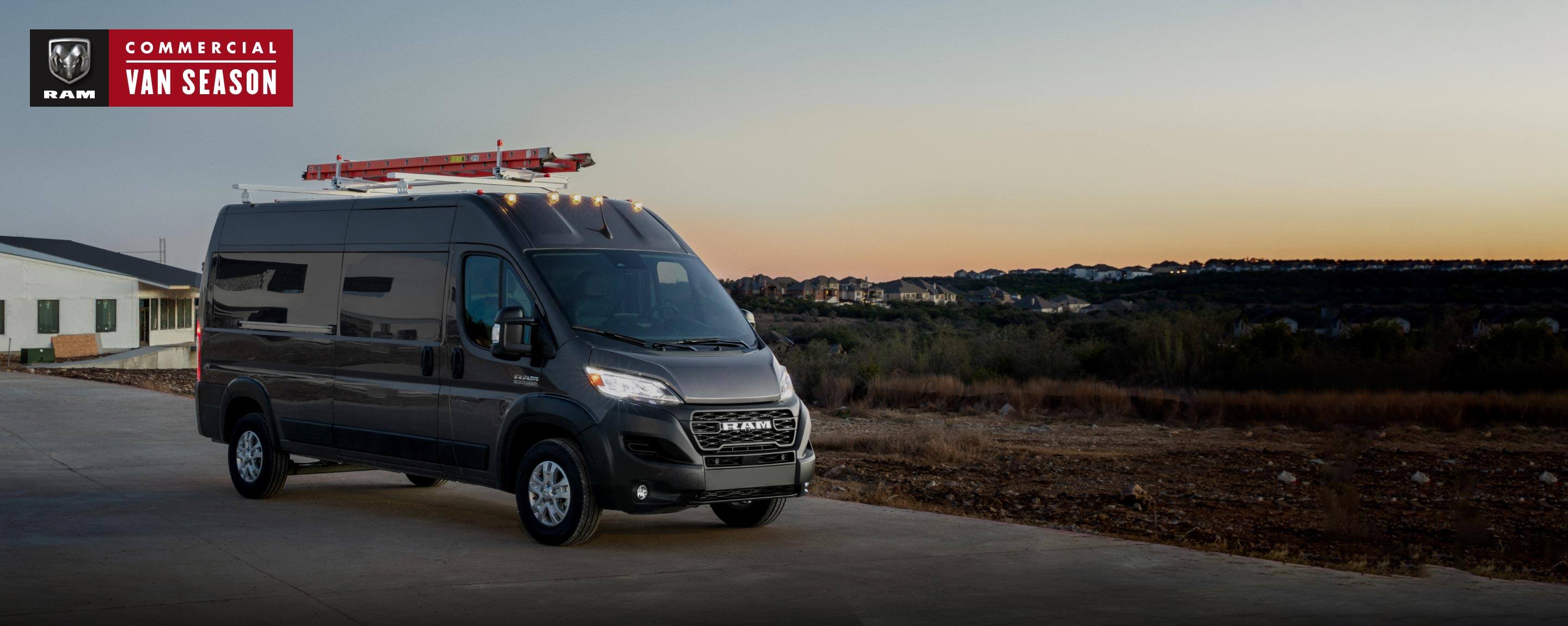 Ram Commercial Van Season. The 2022 Ram ProMaster High Roof with a ladder on its roof rack.