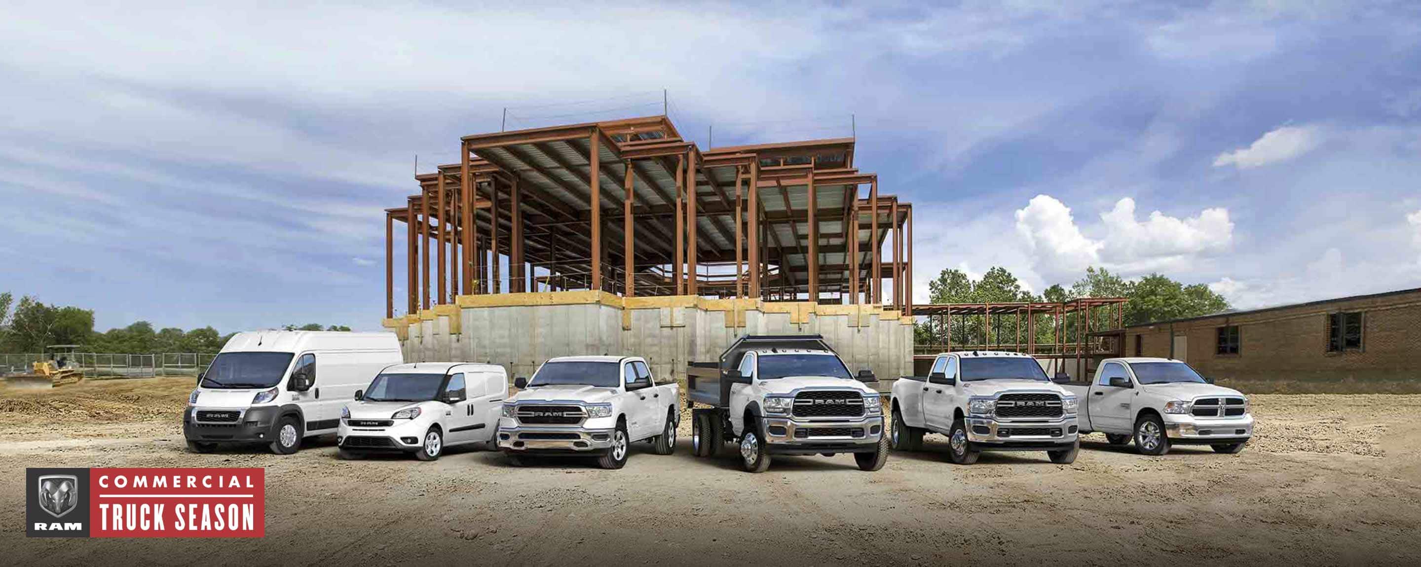 Ram Commercial Truck season. A line-up of six Ram trucks and vans on a commercial site.