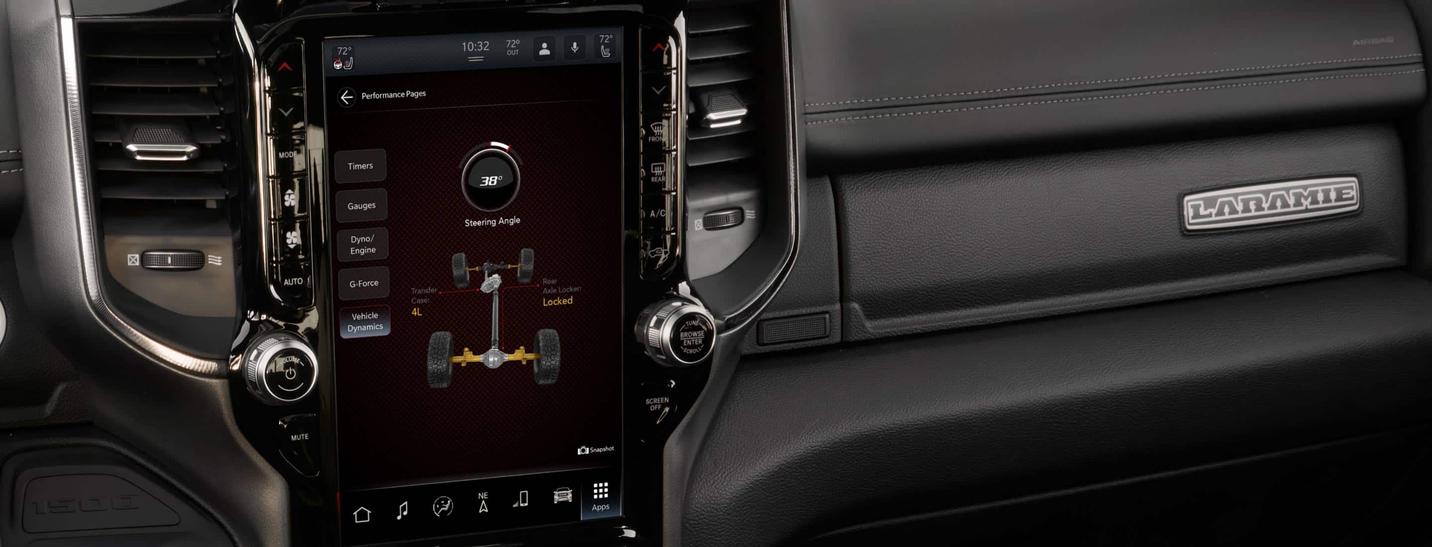 The performance pages in the 2022 Ram 1500 Laramie G/T displaying steering angle and status of rear axle locker.