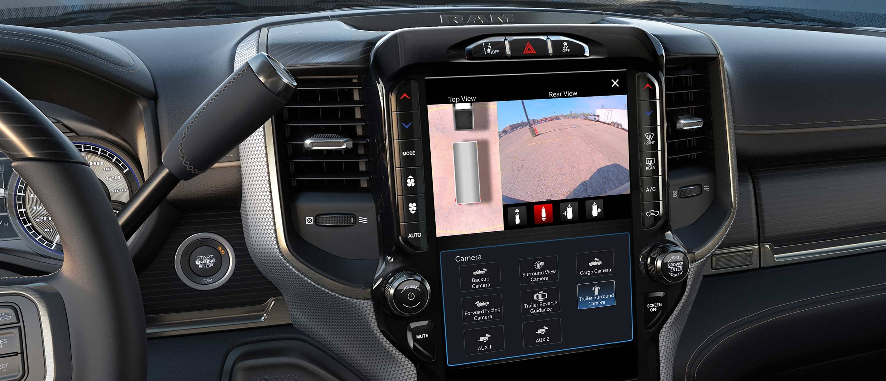 The touchscreen in the 2022 Ram 2500 with a split screen showing both the trailer top view and rear view.