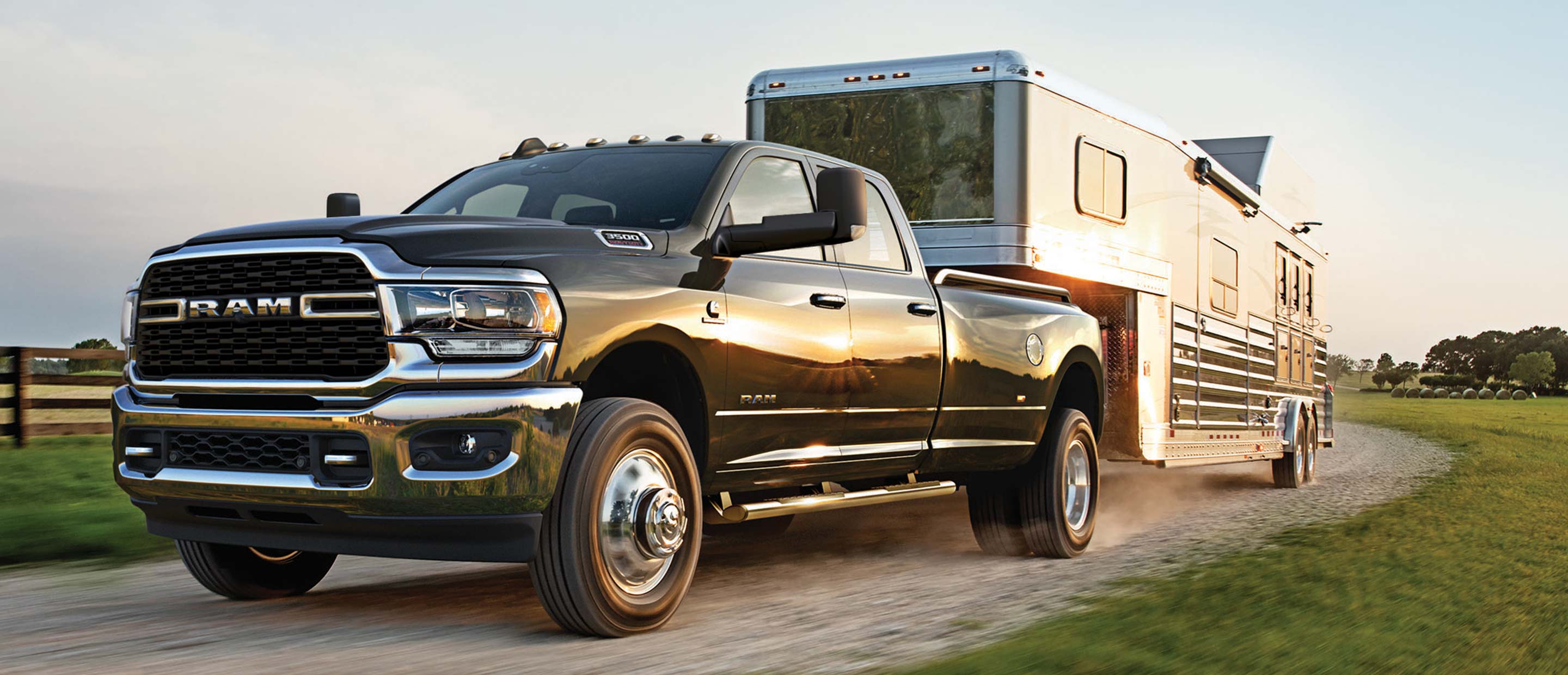 The 2022 Ram 3500 towing an RV trailer.
