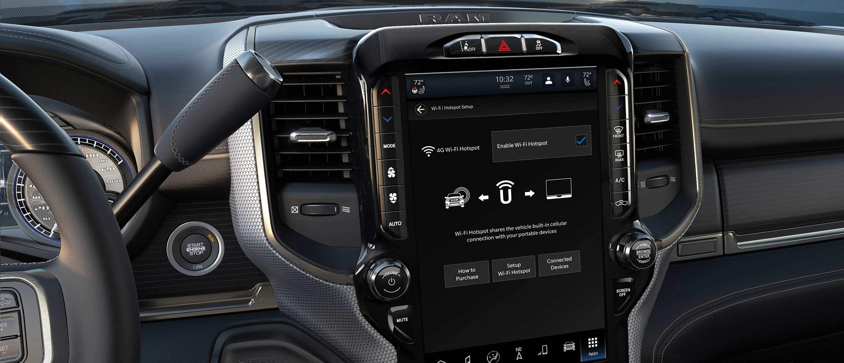 The touchscreen in the 2022 Ram 3500 displaying instructions for connecting portable devices to the vehicle's wi-fi connection.