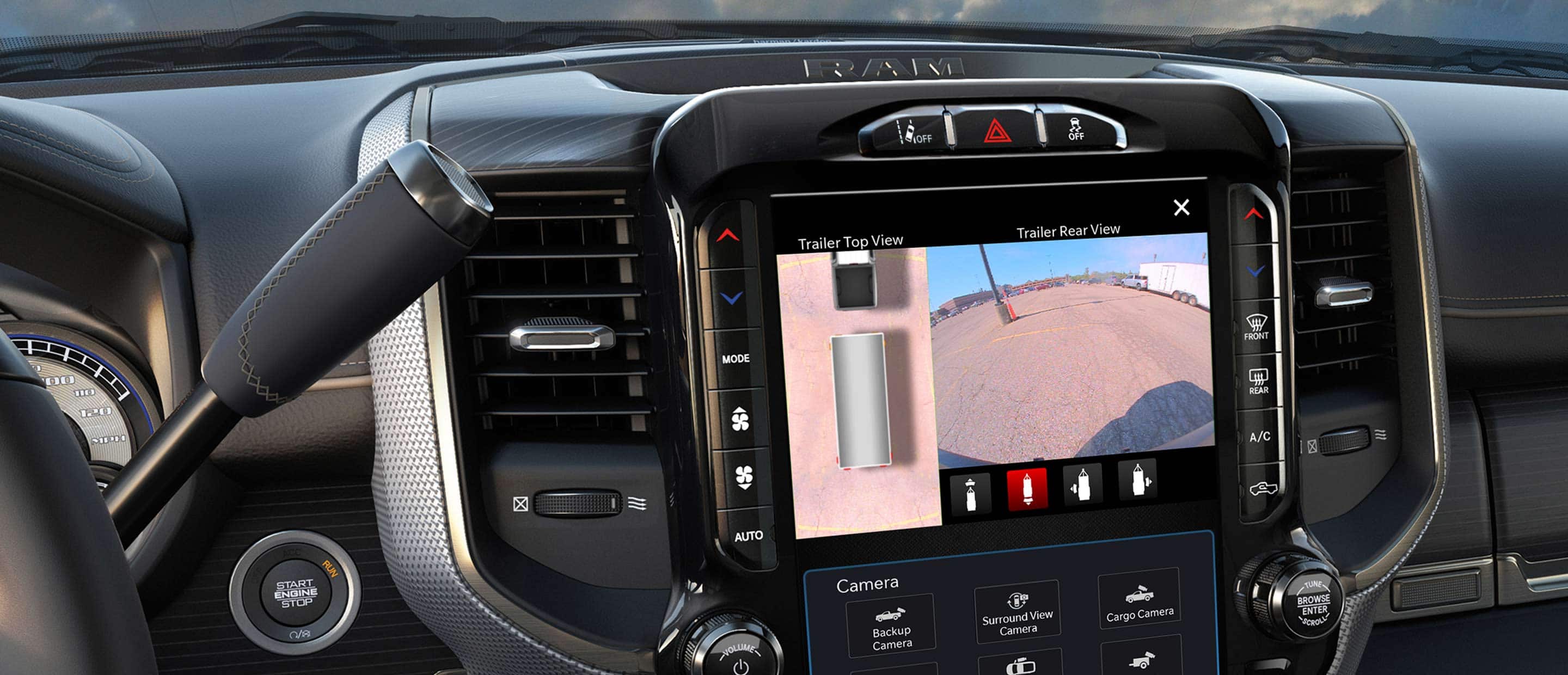The touchscreen in the 2022 Ram Chassis Cab displaying a split screen with the trailer top view and trailer rear view from the surround view camera.