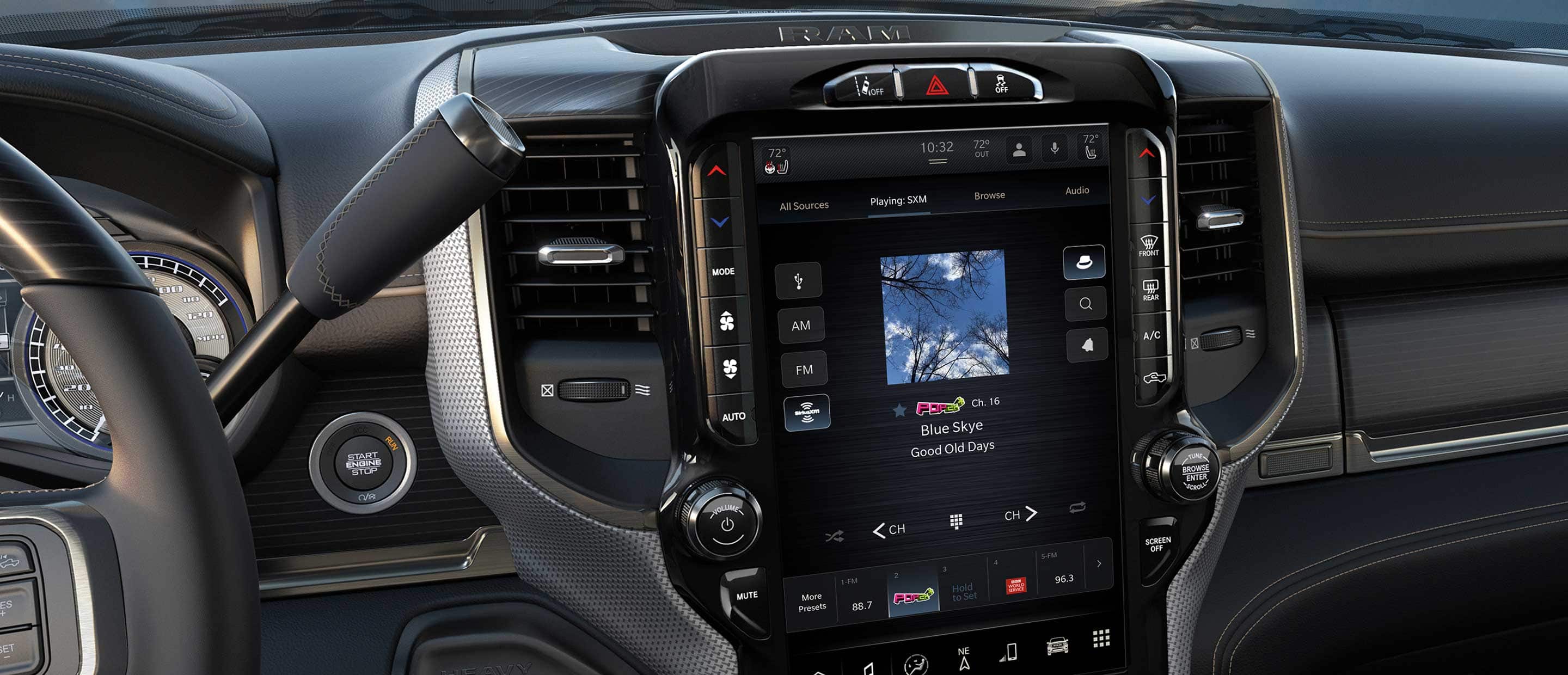 The Uconnect touchscreen in the 2022 Ram Chassis Cab displaying a music selection on the SiriusXM screen.