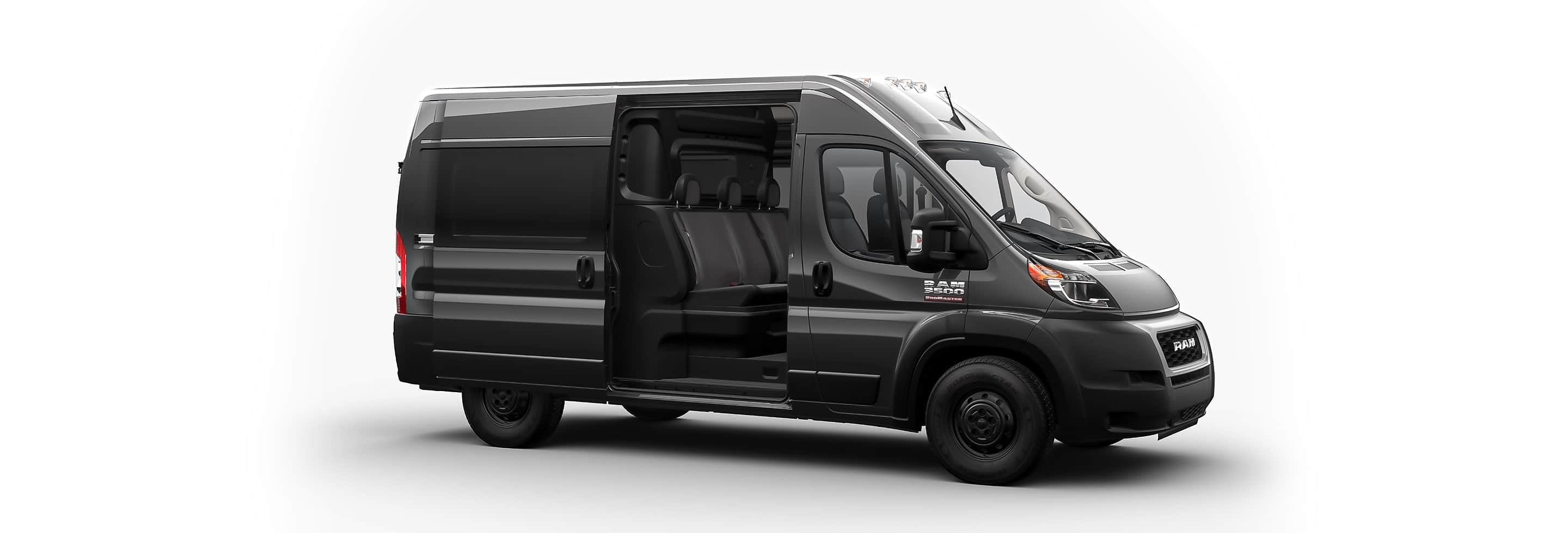 The 2022 Ram ProMaster Crew Van with the passenger side sliding door open to reveal a row of seats.
