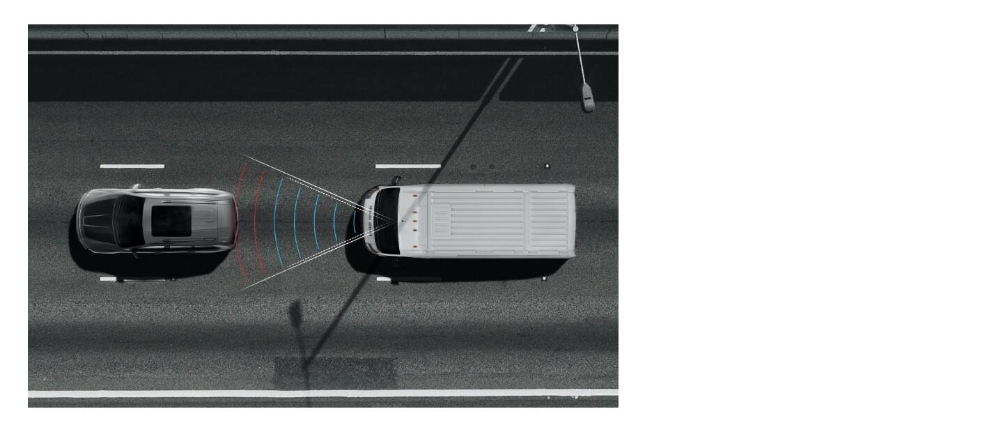 An overhead view of Illustrated sensor bars in blue emanating from the front of the 2022 Ram ProMaster that turn red as they approach a vehicle ahead.