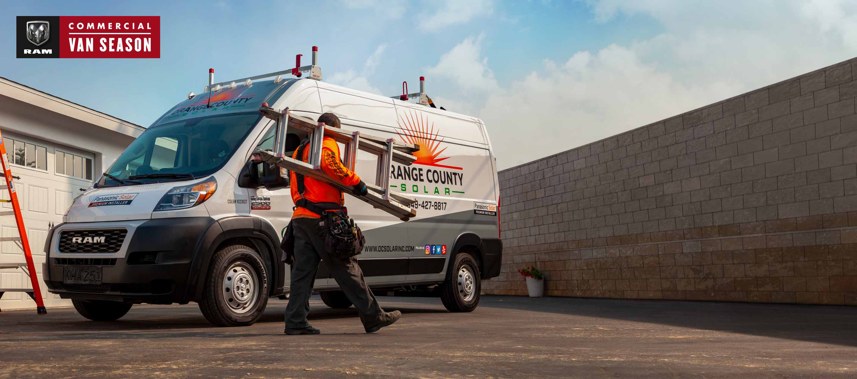 Ram Commercial Van Season. The 2022 Ram ProMaster High Roof with the logo of a solar company on its side.