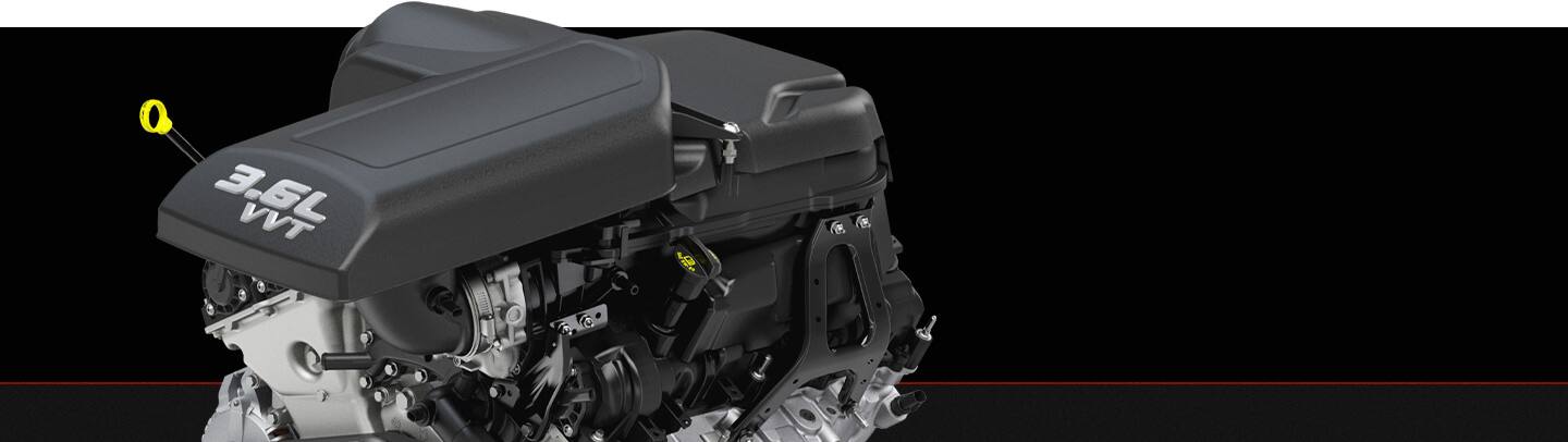 A close-up of the 3.6L Pentastar V6 engine.