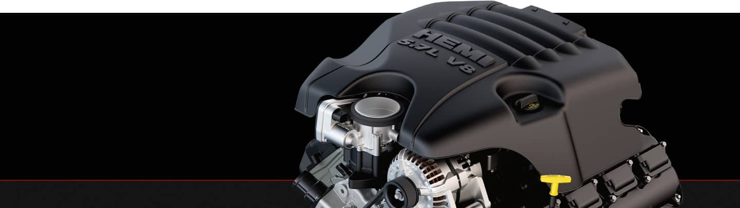 A close-up of the 5.7L HEMI V8 engine.