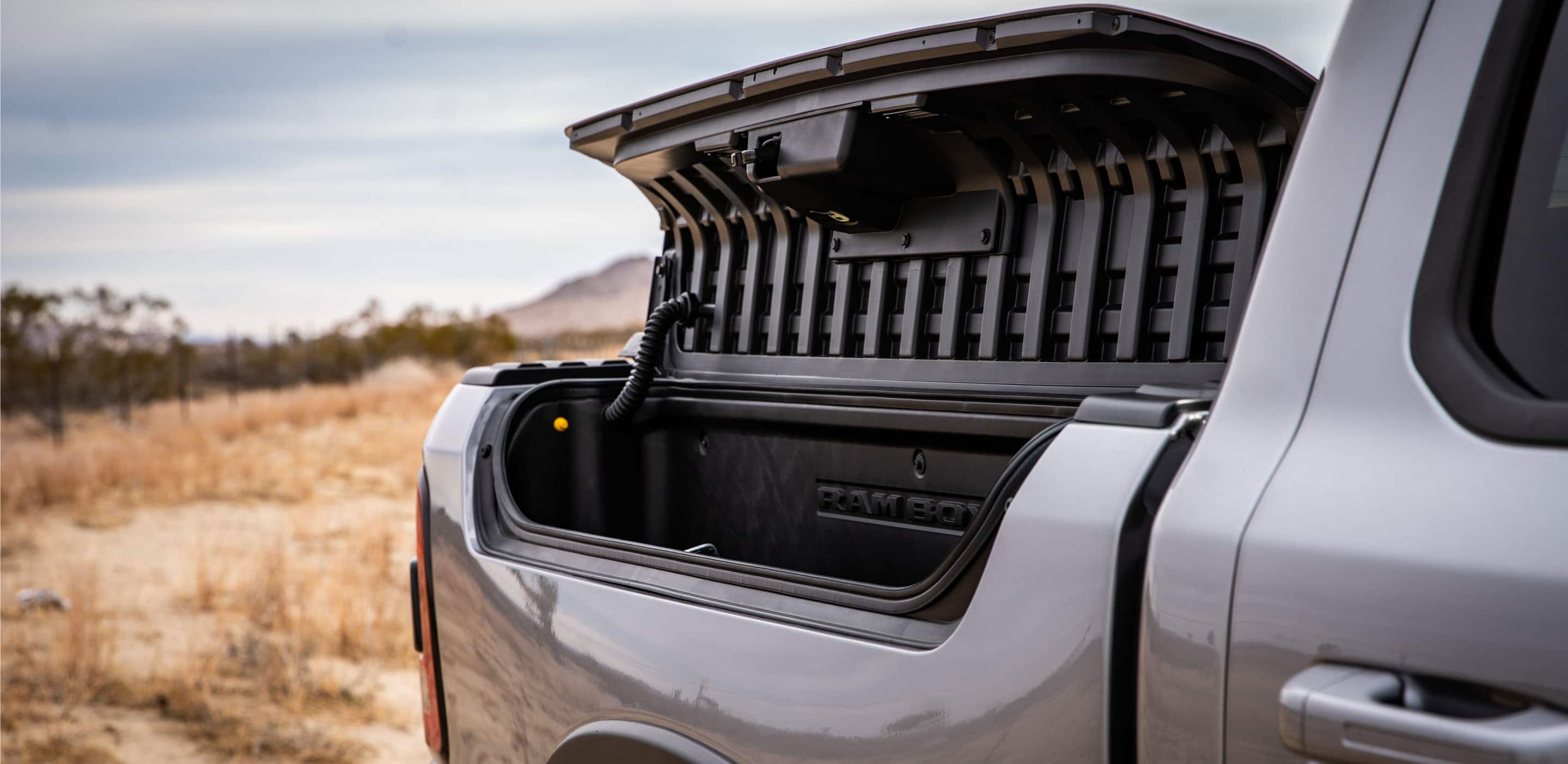 The RamBox Cargo Management System on the side of the truck bed of the 2023 Ram 1500.