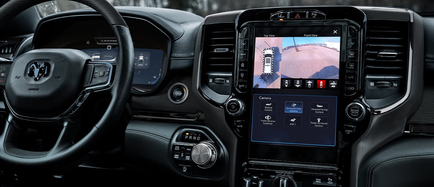 The touchscreen in the 2023 Ram 1500 displaying the output from the top view and front view cameras.