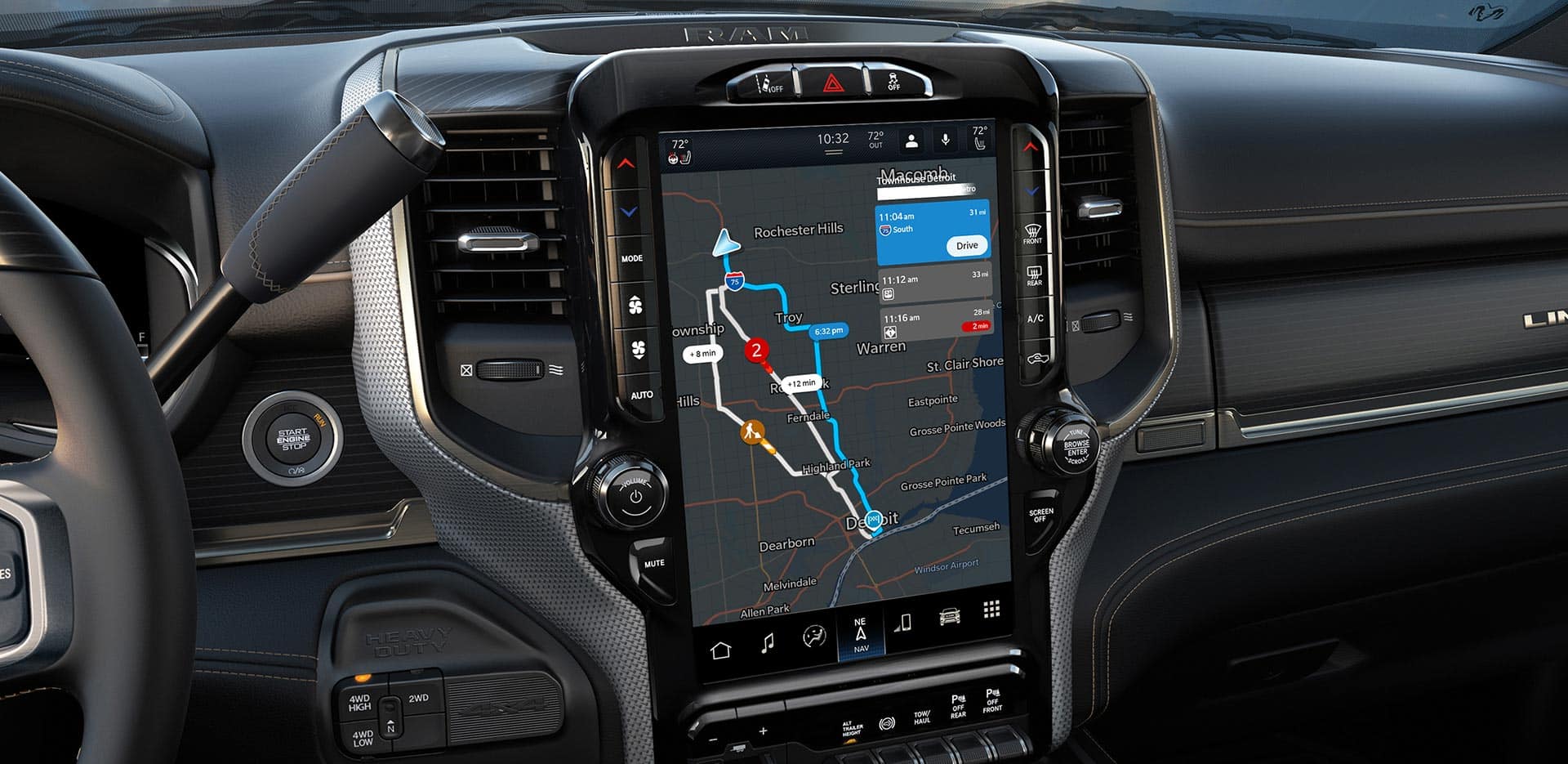 A close-up of the Uconnect touchscreen in the 2023 Ram 2500 Limited, displaying a navigation map.