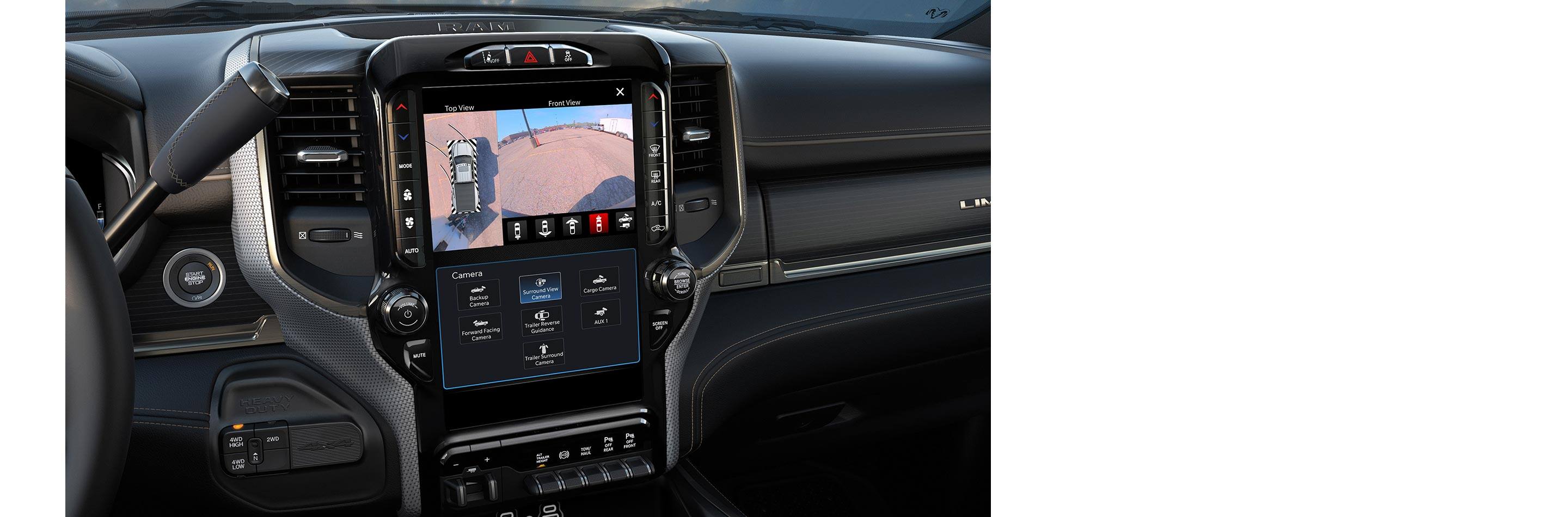 The Uconnect touchscreen in the 2023 Ram 2500 displaying the output of the 360-degree Surround View Camera.