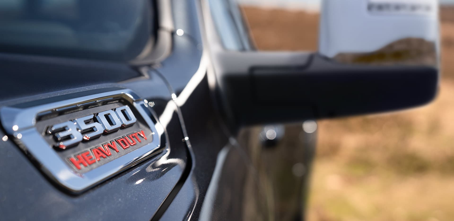 Display A close-up of the 3500 Heavy Duty hood badge on the 2023 Ram 3500.