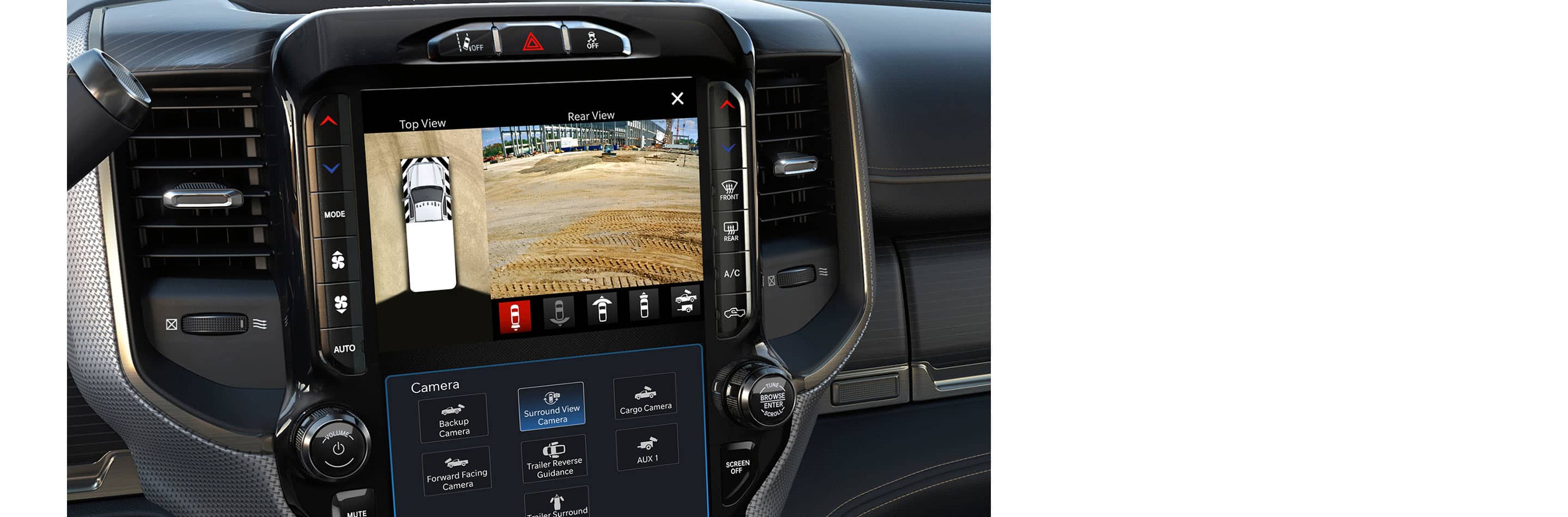 The interior of the 2023 Ram Chassis Cab focusing on the Uconnect touchscreen displaying the output of the surround view camera.