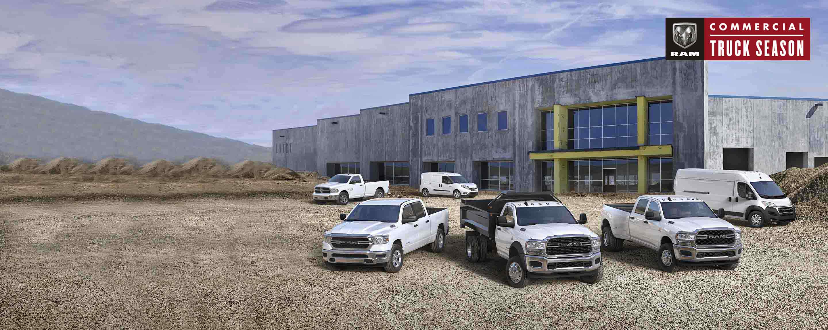 A lineup of six Ram trucks and vans on a construction site. Ram Commercial Truck Season.