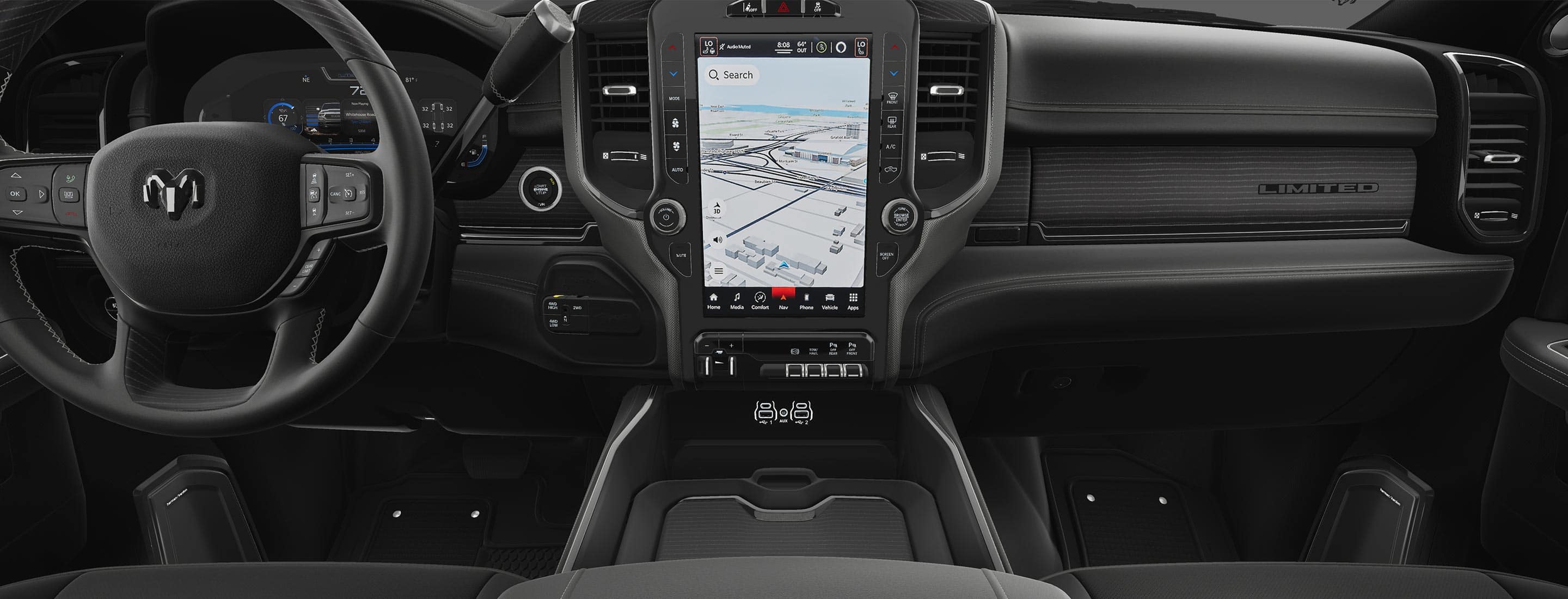 The steering wheel and large touchscreen in the 2023 Ram 2500 Limited Night Edition.
