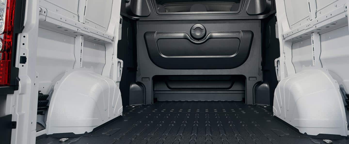 A view of the cargo area in the 2023 Ram ProMaster from inside the van.