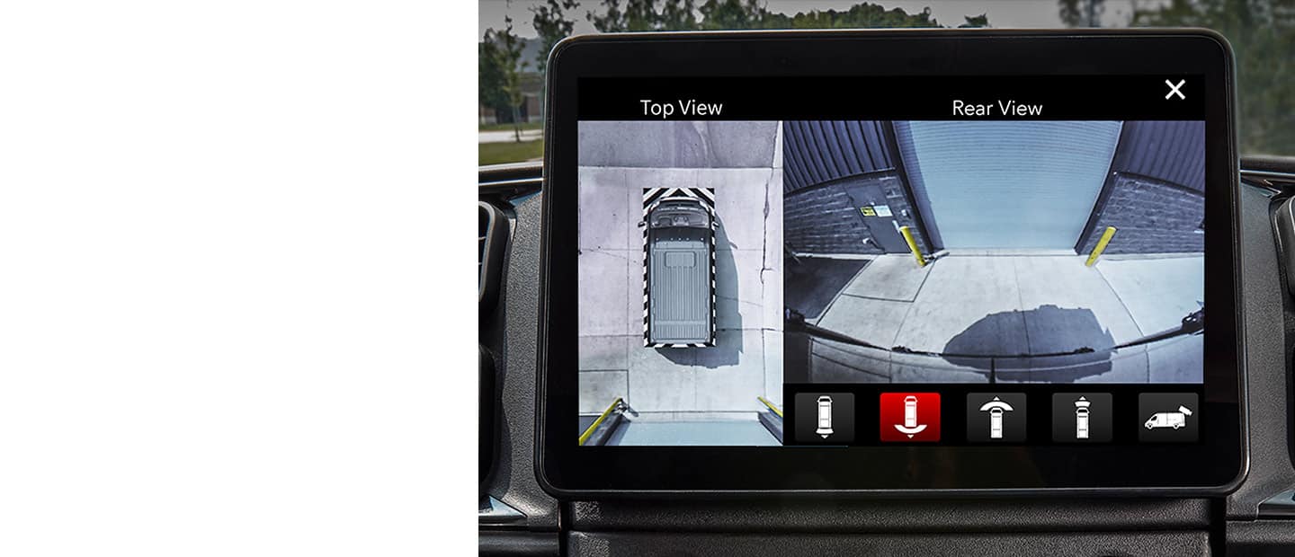 The touchscreen in the 2023 Ram ProMaster displaying the top and rear view camera feeds with selectable icons on screen to switch to other camera views.