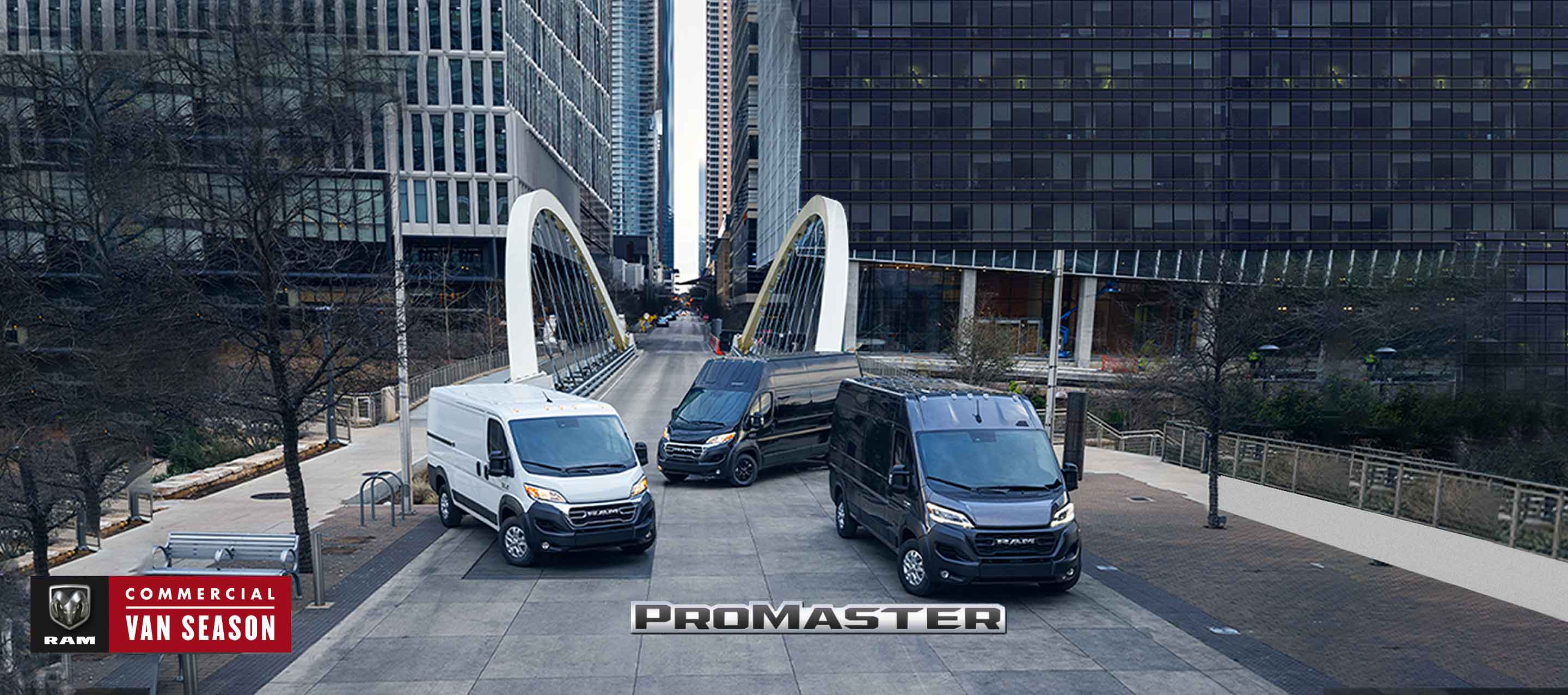 Ram Commercial Van season. A lineup of 2023 Ram ProMaster models, from left to right: the Ram ProMaster 1500 Cargo Van, the Ram ProMaster 3500 High Roof Cargo Van and the Ram ProMaster 2500 Cargo Van Super High Roof.