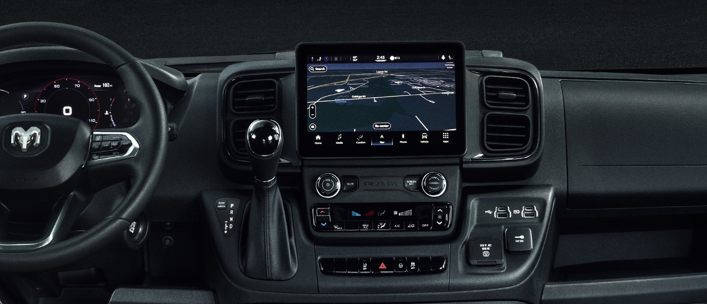 The touchscreen in the 2023 Ram ProMaster with a route map onscreen.
