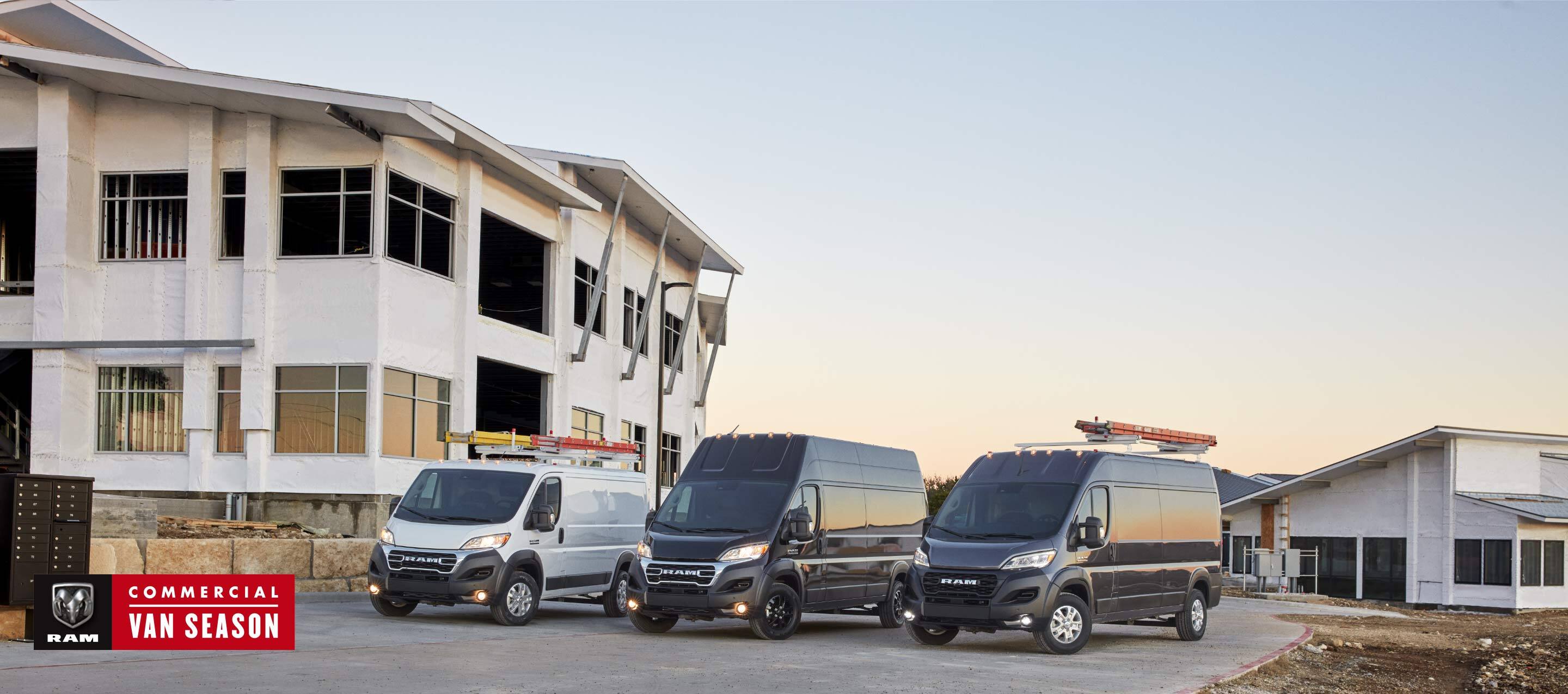 Ram Commercial. A lineup of 2023 Ram ProMaster models, from left to right: the Ram ProMaster 1500 Cargo Van, the Ram ProMaster 3500 High Roof Cargo Van and the Ram ProMaster 2500 Cargo Van Super High Roof.