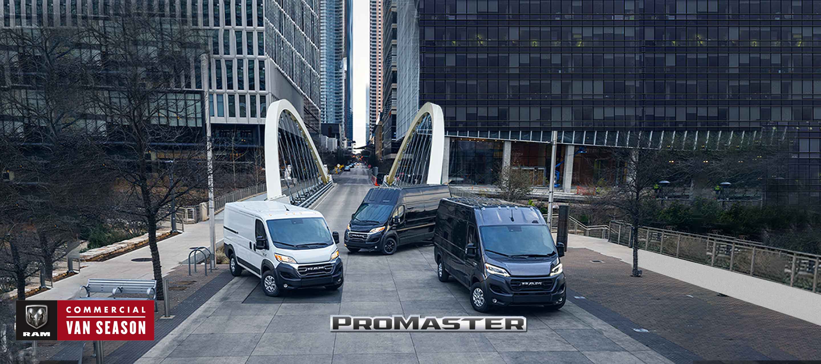 A lineup of 2023 Ram ProMaster models, from left to right: the Ram ProMaster 1500 Cargo Van, the Ram ProMaster 3500 High Roof Cargo Van and the Ram ProMaster 2500 Cargo Van Super High Roof. Ram Commercial.