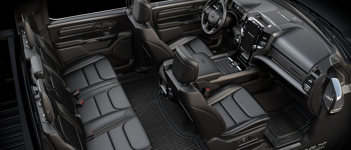 An overhead angle of the front and rear seats in the 2024 Ram 1500 Limited.