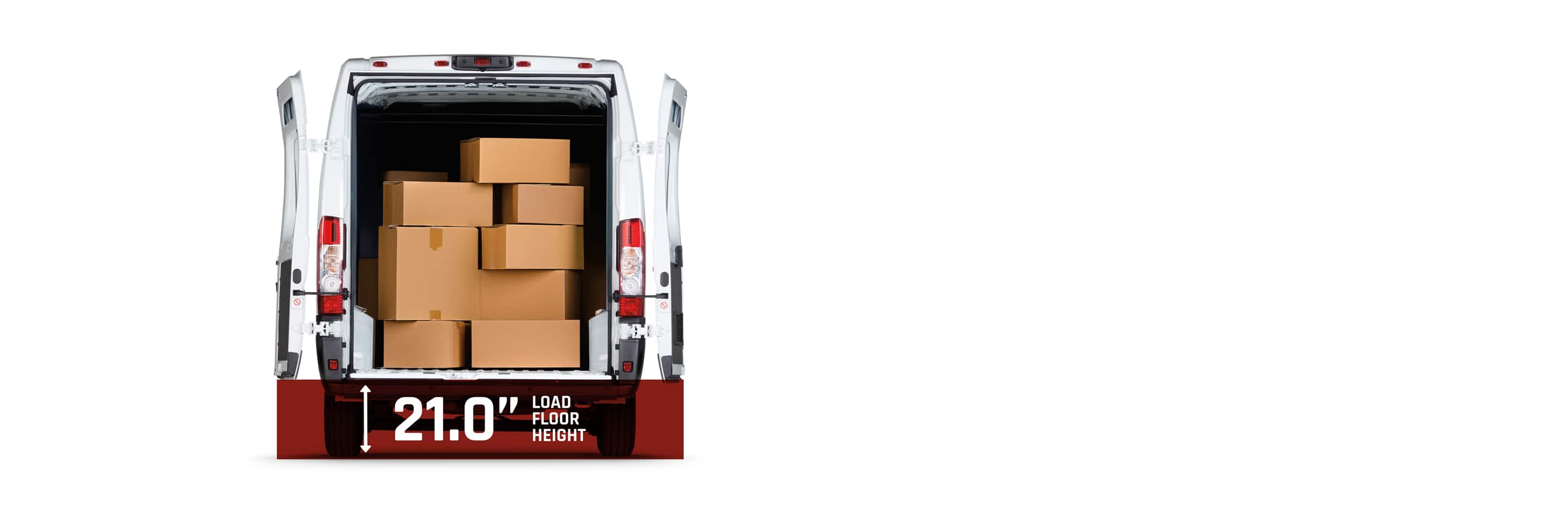 A passenger-side profile of a 2024 Ram ProMaster 3500 Cargo Van Super High Roof with its side door open to reveal shelving upfits stacked with cardboard boxes.