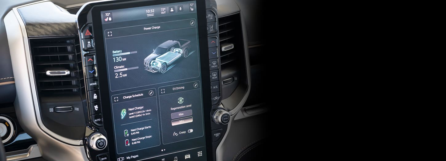 The Uconnect touchscreen in the 2025 Ram 1500 Rev Tungsten displaying the Power Charge Levels, the Charge Schedule and the Regeneration Level.