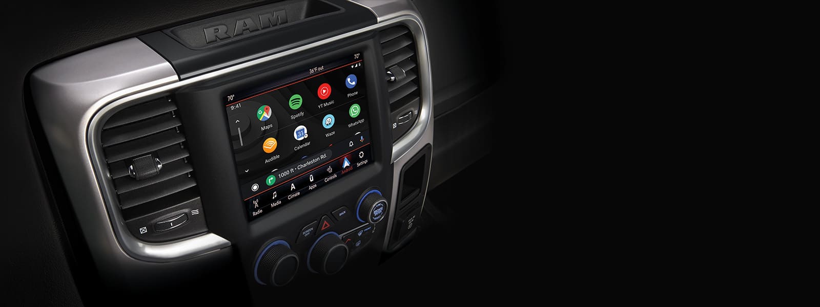 The Uconnect touchscreen in the 2024 Ram 1500 Classic displaying a variety of selections.
