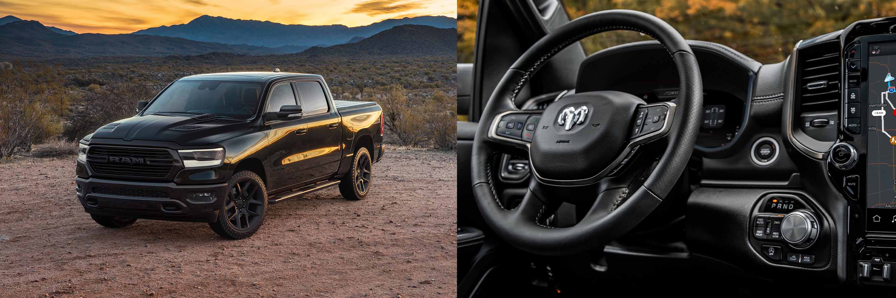 An angled front driver-side profile of a black 2024 Ram 1500 Laramie Crew Cab, parked off-road in the desert at dusk.