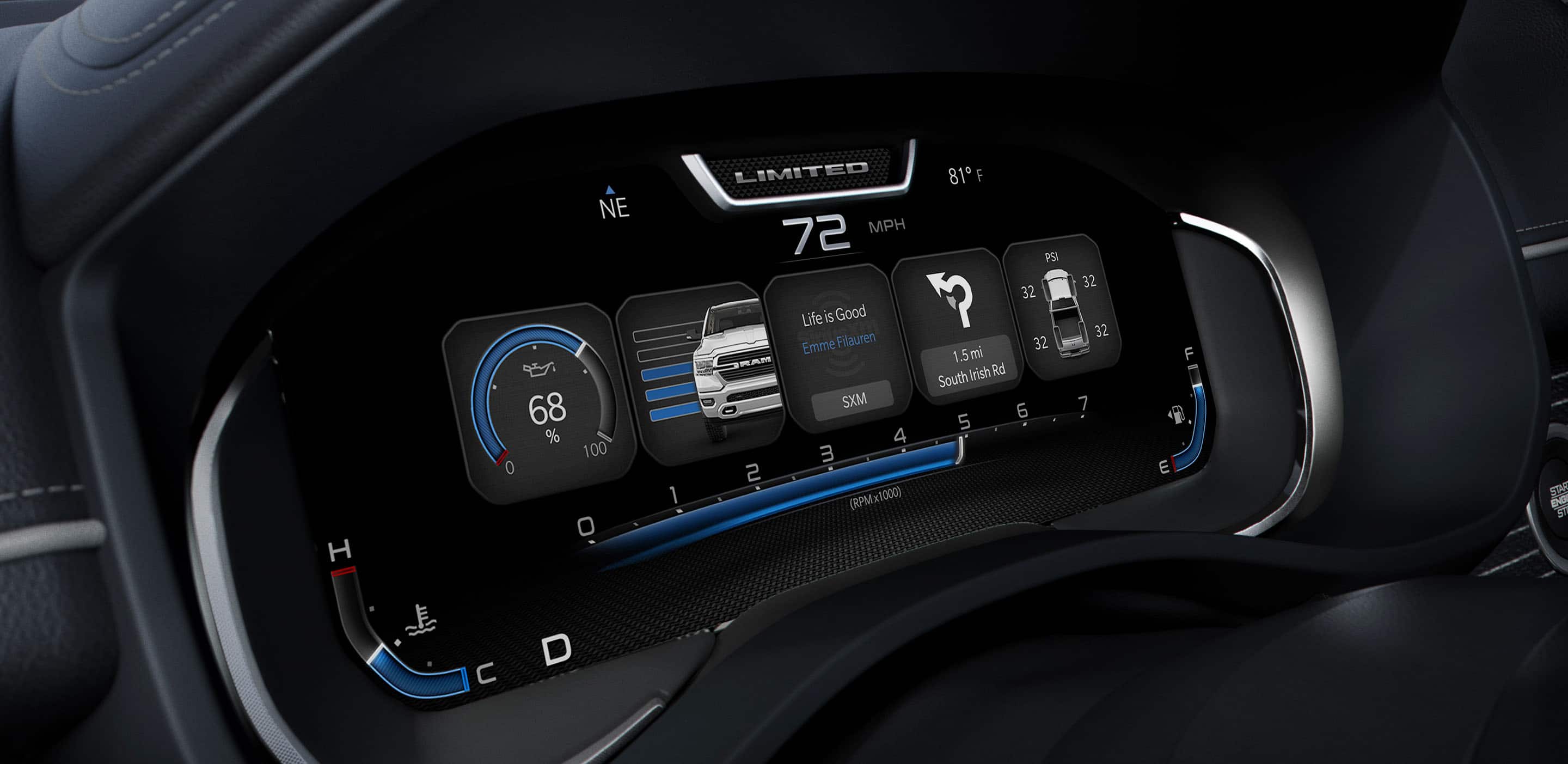 Display A close-up of the Driver Information Digital Cluster in the 2024 Ram 1500 Limited, displaying a variety of vehicle, entertainment and navigation information.