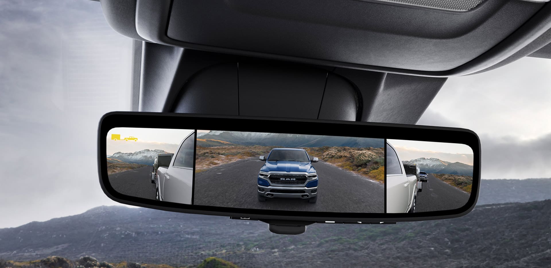  display of the RAM 2500 rear view mirror showing the left, right and middle view of the truck