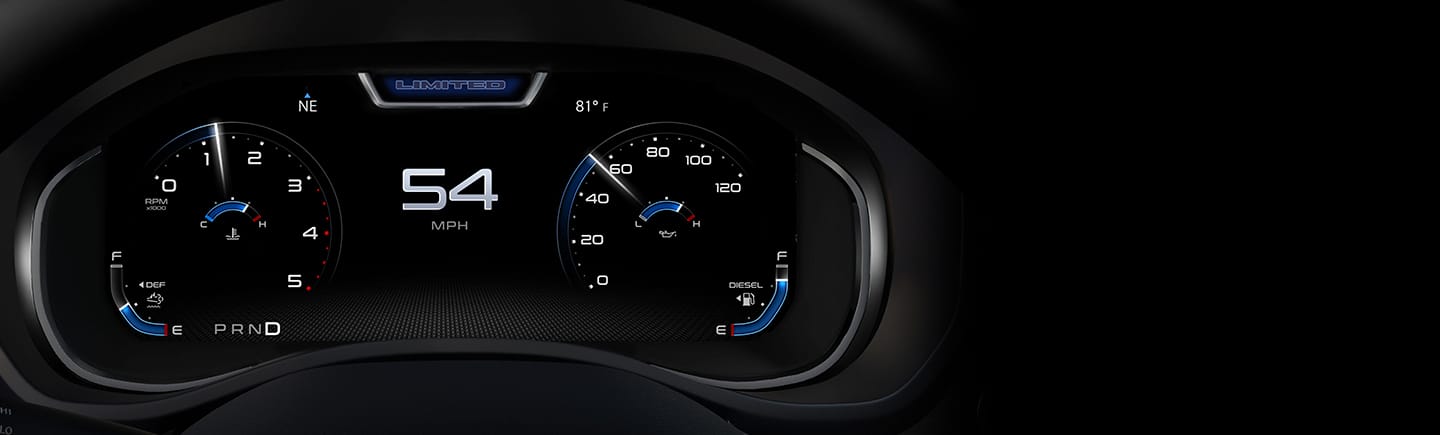 A close-up of the Driver Information Digital Cluster in the 2024 Ram 3500 Limited, displaying 54 mph.