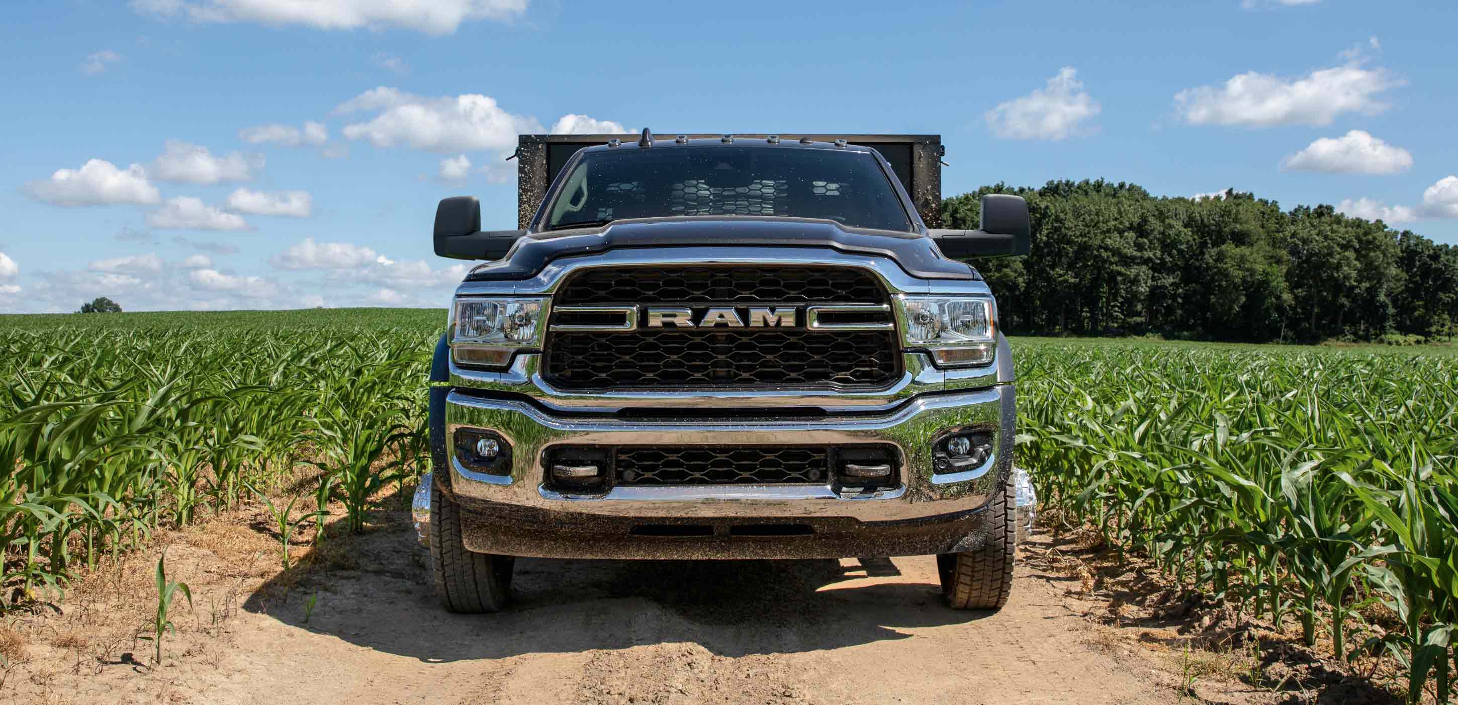 Display A head-on angle of a 2024 Ram 4500 Tradesman Chassis Cab with a stake bed upfit on a dirt road between fields of crops.