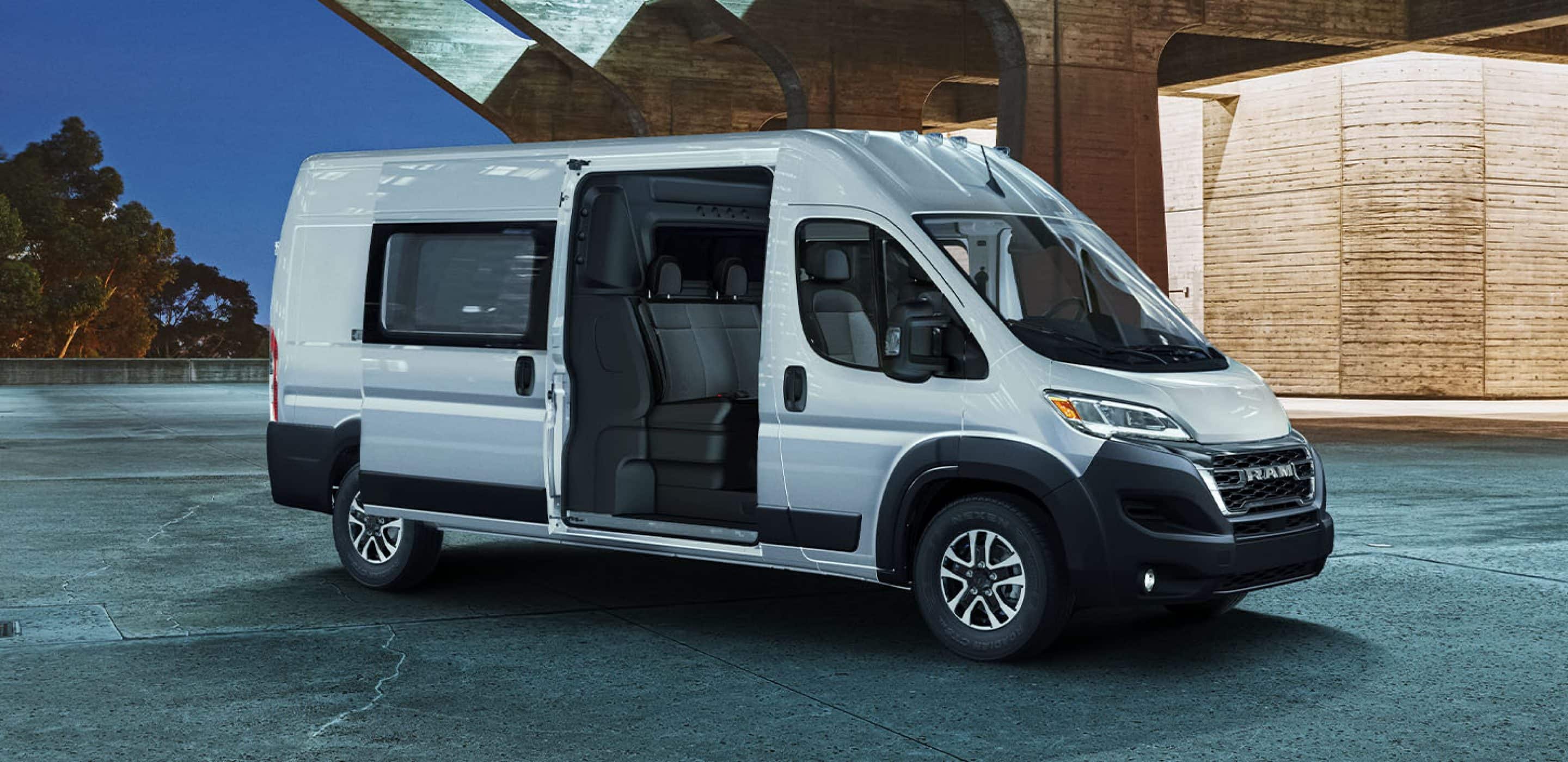 2024 ram promaster with door open showing passenger seats. 