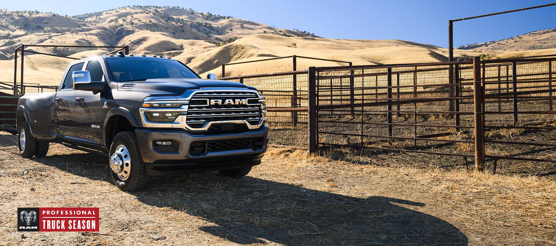 A 2025 Ram 3500 Limited Longhorn 4x4 Crew Cab parked at a cattle ranch. Ram Professional Truck Season.