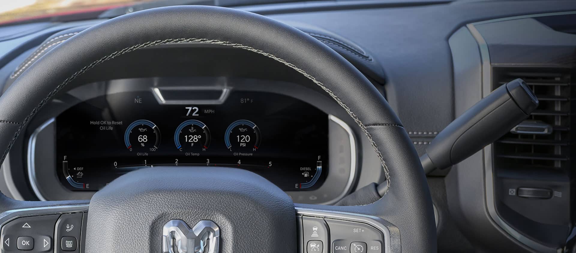 The Digital Cluster Display in a 2025 Ram 5500 Laramie Chassis Cab displaying navigation directions.
