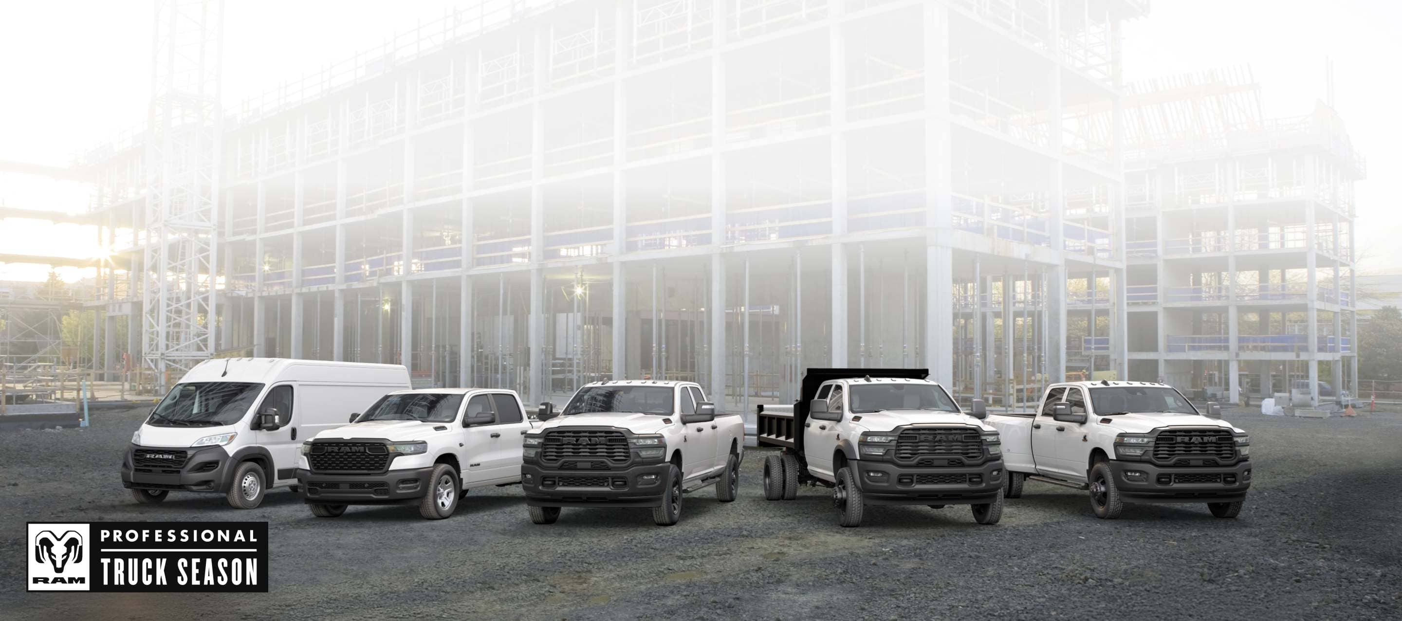 A lineup of 2026 Ram trucks and vans, all in white at a commercial construction site. From left to right: a Ram ProMaster 3500 Tradesman High Roof Cargo Van, a Ram 1500 Tradesman 4x4 Crew Cab, a Ram 2500 Tradesman 4x4 Crew Cab, a Ram 3500 Tradesman Crew Cab Chassis Cab with a dump body upfit and a Ram 3500 Tradesman 4x4 Crew Cab. Ram Professional Truck Season.
